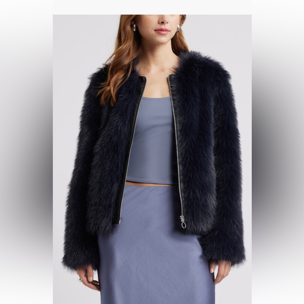 Elegant Blue-Black Faux Fur Jacket